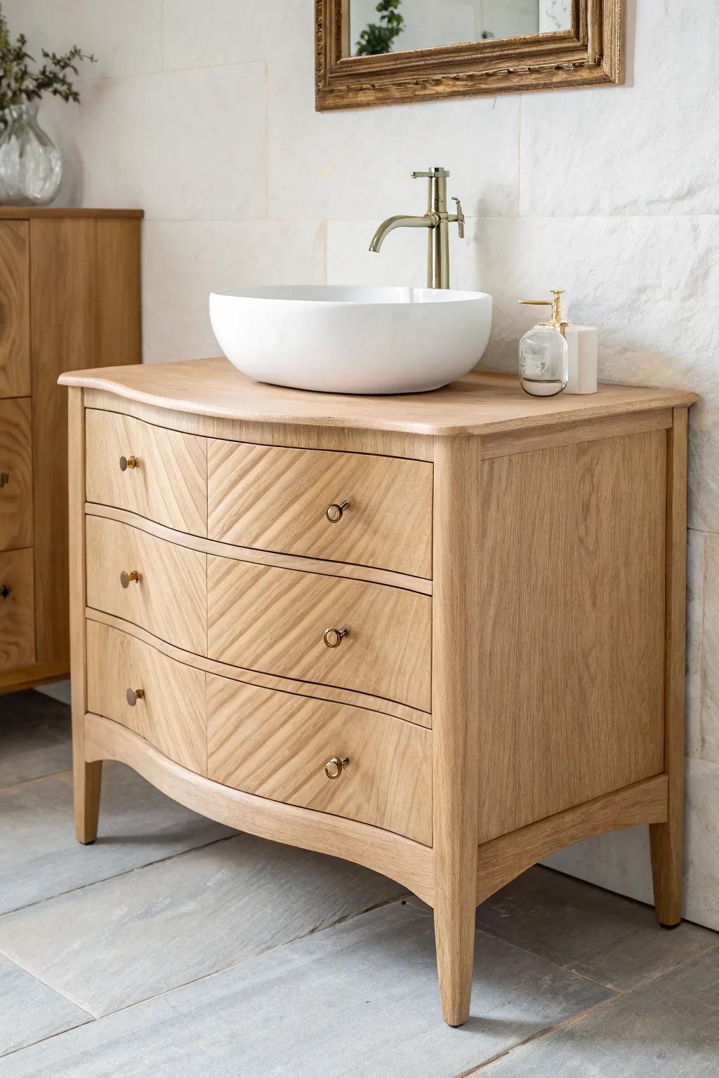 Soft curves, high-end feel: a bow-front dresser vanity that warms up clean, modern baths.