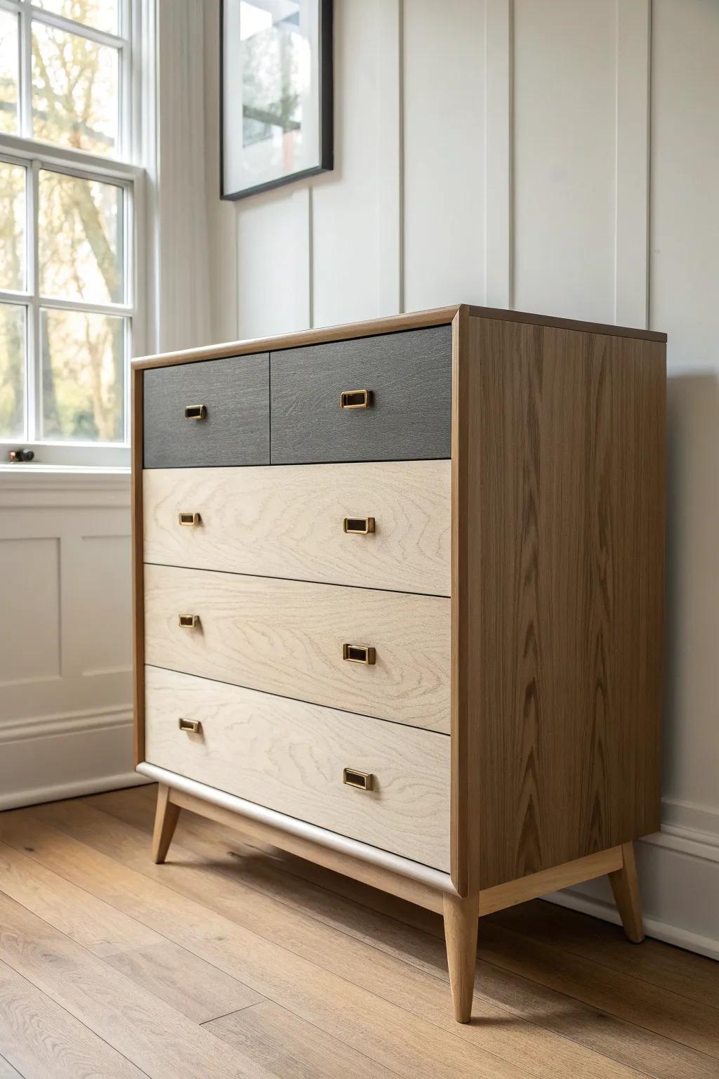 Two-tone dresser: soft neutral frame with deep charcoal drawers—brass pulls shine like jewelry.