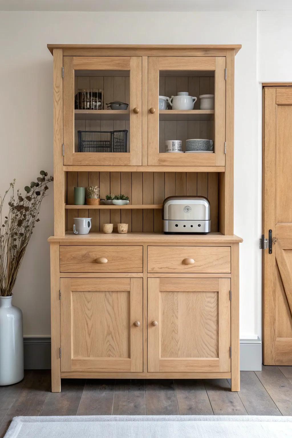 A clean oak appliance-garage dresser that hides toaster, blender, cords—and keeps counters calm.