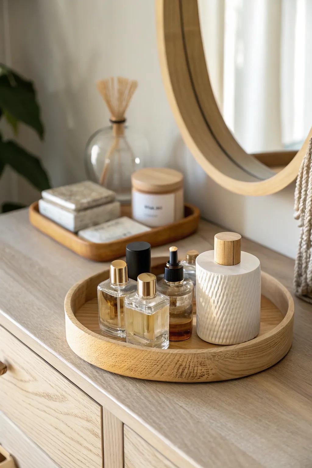 Everyday perfumes on a wooden tray—functional beauty that looks gorgeous in the mirror.