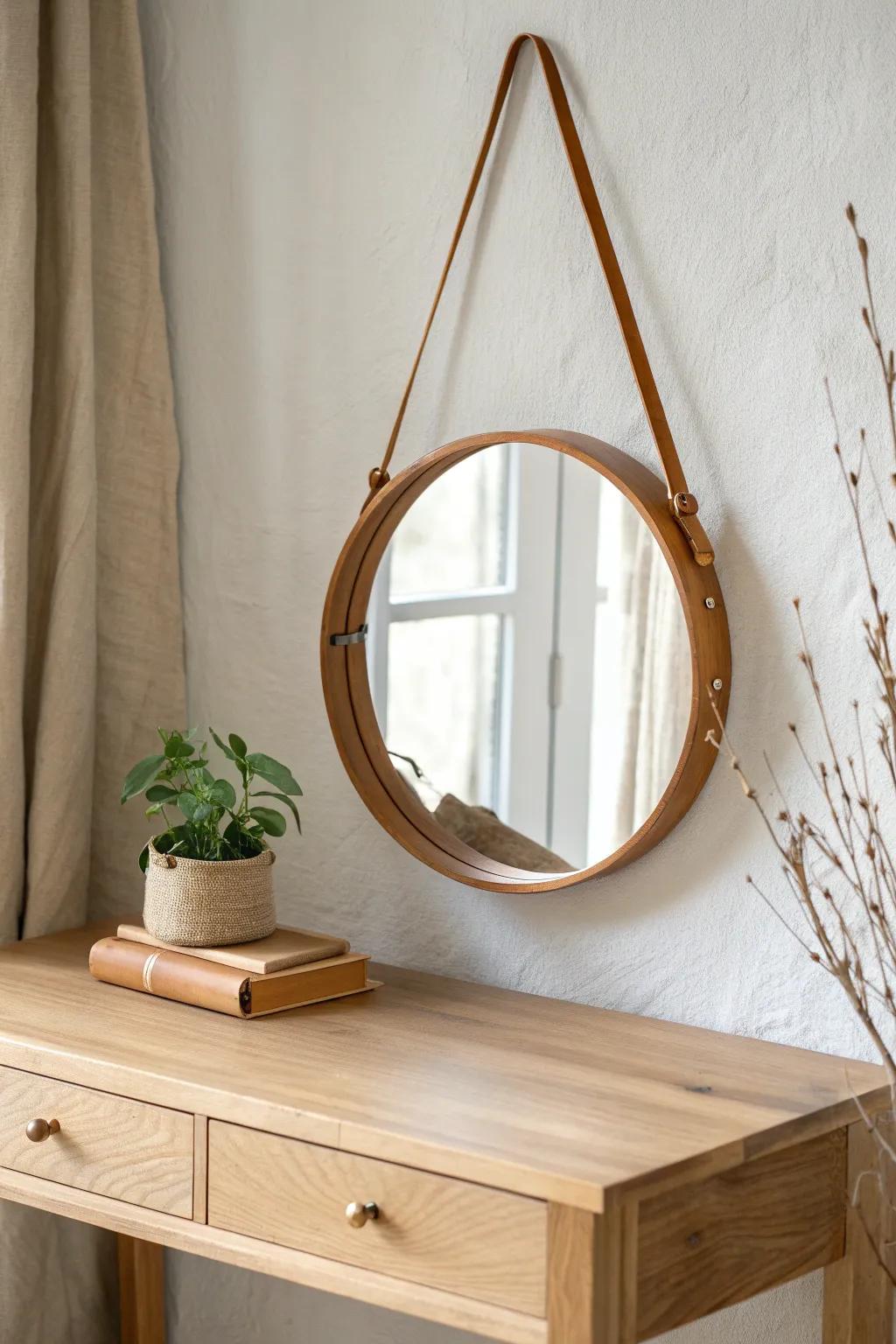 A round oak mirror on a leather strap—simple, soft, and instantly elevated dressing table decor.