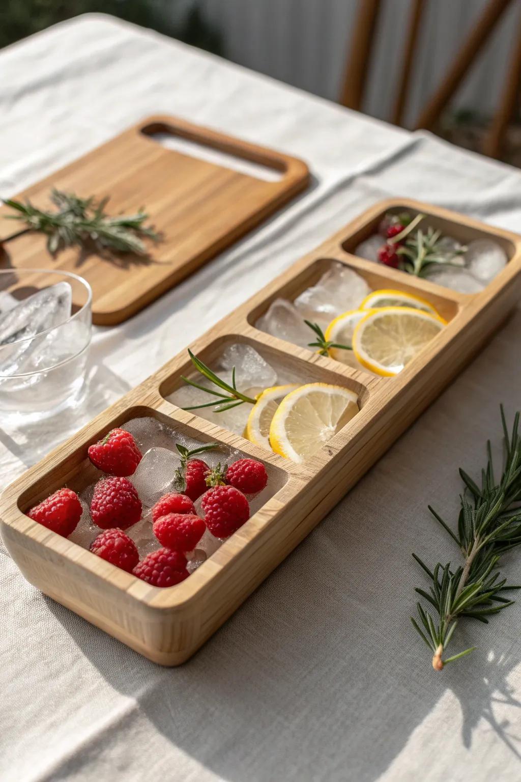 Infused ice cube board in warm oak—berries, citrus, and herbs for instant wow.