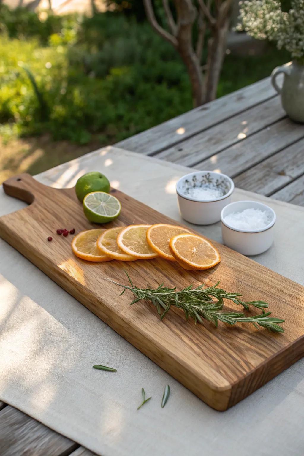 An oiled wood garnish board turns your garden drinks table into a simple, elevated ritual.
