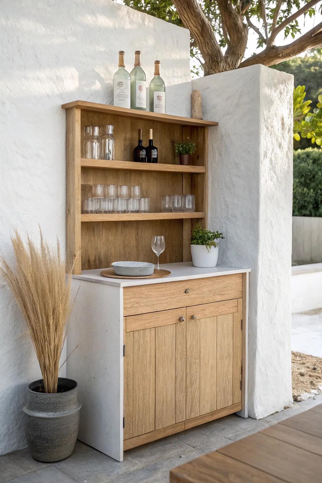 Add a sleek wood backboard and floating shelves to make your dry sink bar feel built-in.