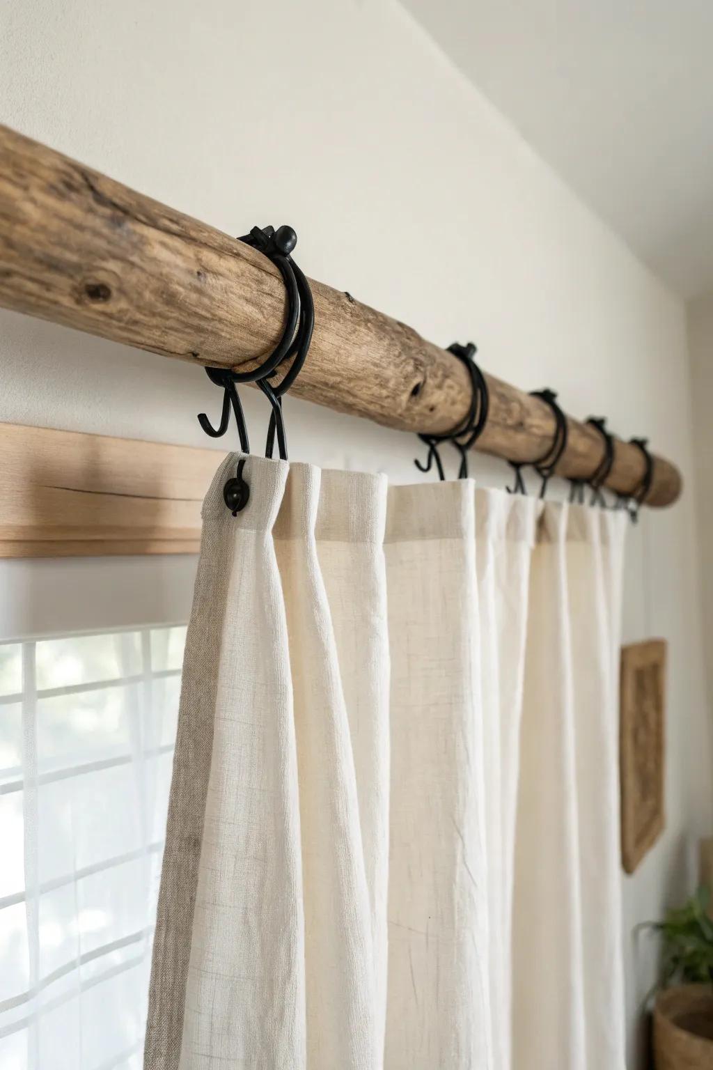A sanded branch curtain rod adds quiet, earthy warmth with a clean Scandinavian feel.