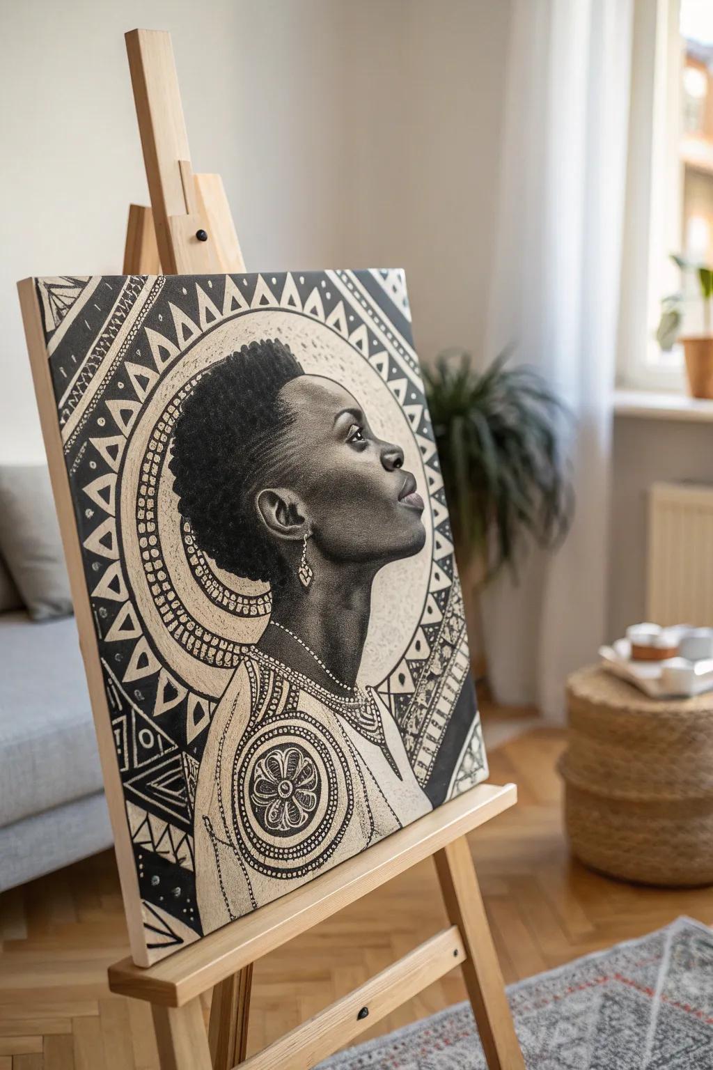 Explore your identity through art with Laolu Senbanjo-inspired patterns. A minimalist masterpiece celebrating cultural beauty and craftsmanship.