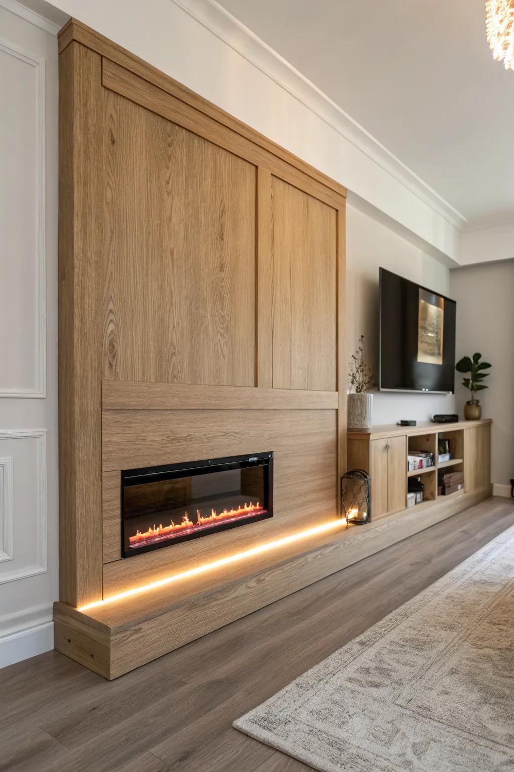 A routed LED channel turns a simple oak panel into a warm, halo-lit fireplace feature.