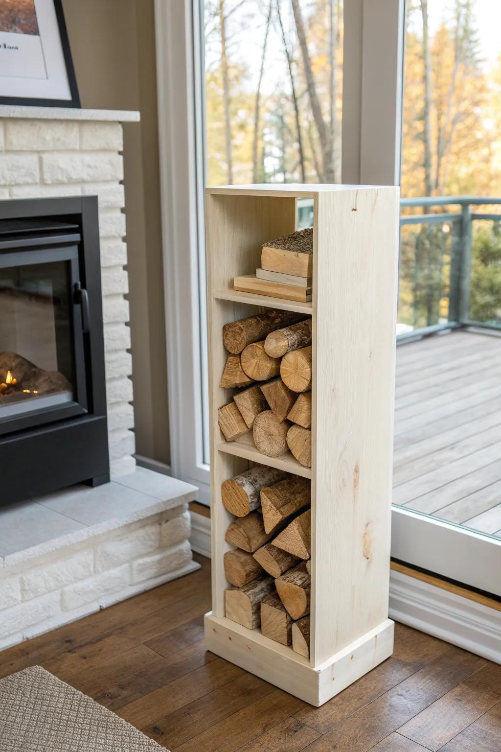 DIY faux firewood cubby: rustic texture and clean Scandinavian lines beside an electric fireplace.