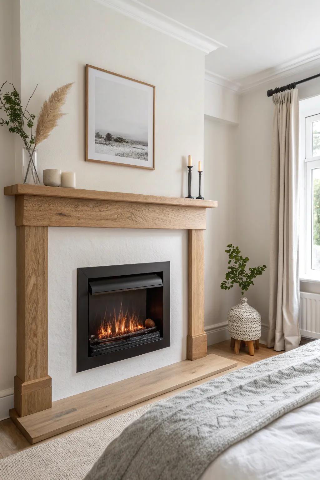 A slim oak mantel ledge adds cozy bedroom warmth—just a frame and tiny vase, nothing extra.