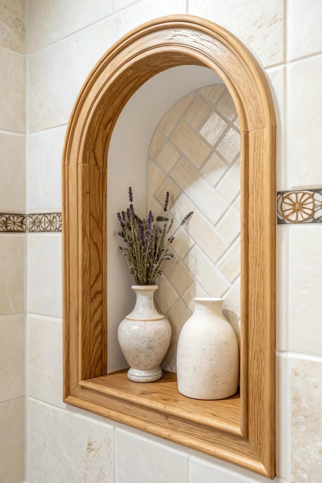 A wood-trimmed arched niche adds French country charm with warm, handcrafted softness.