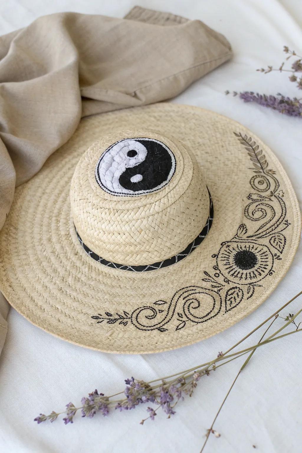 Balance your style with symbolic embroidery: a minimalist yin-yang on a Boho-inspired hat.