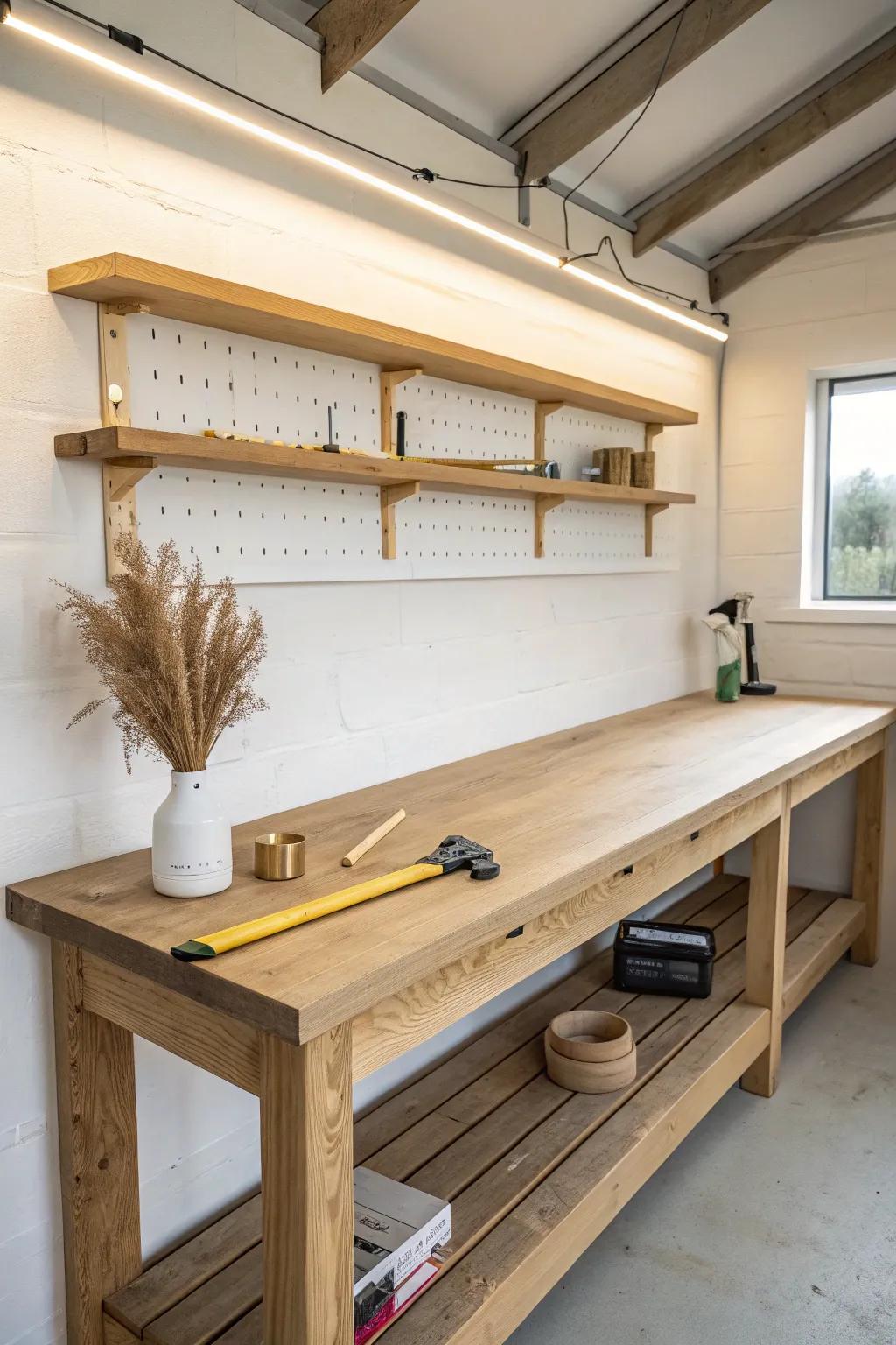 Enclose one carport bay into a bright workshop zone with a wide, calming workbench wall.