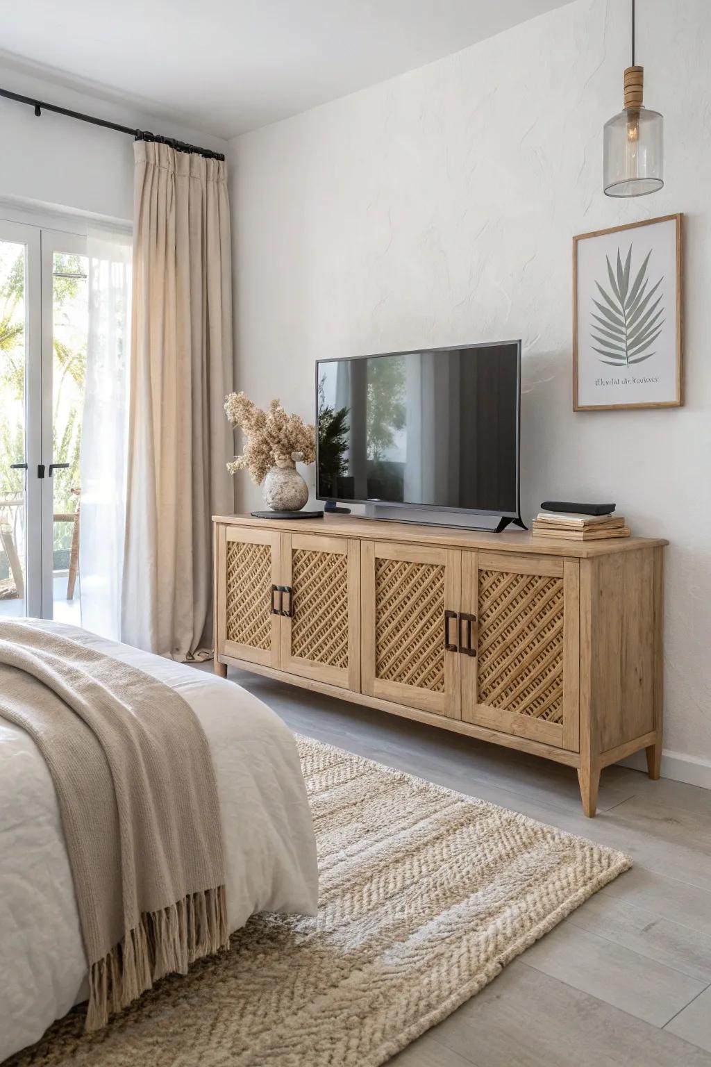 Mirrored doors turn an end‑of‑bed TV stand into a chic console—TV hidden in plain sight.