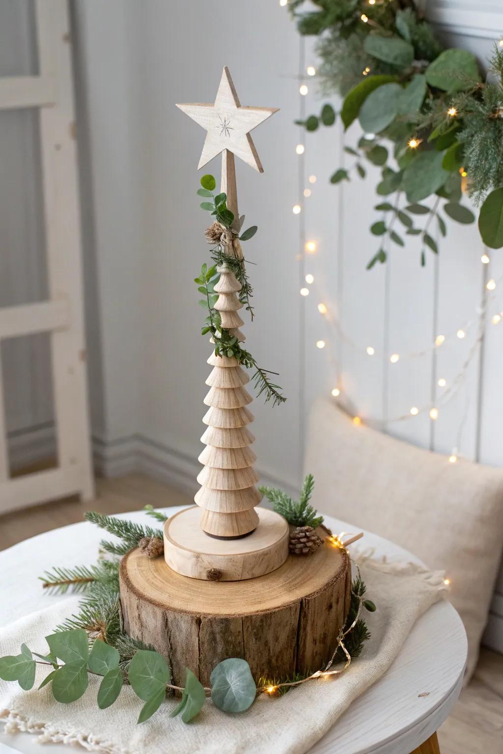 Upcycled spindle tree topper—slim, handmade Christmas height for your end table.
