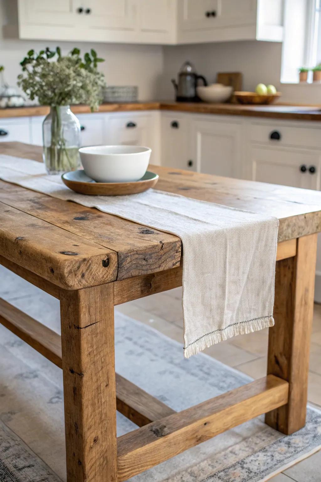 Swap the island for a reclaimed-wood farm table—cottage charm, flexible and timeless.