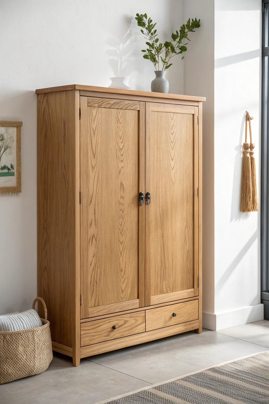 A fold-down media cabinet that disappears into the wall—perfect calm for tiny living rooms.