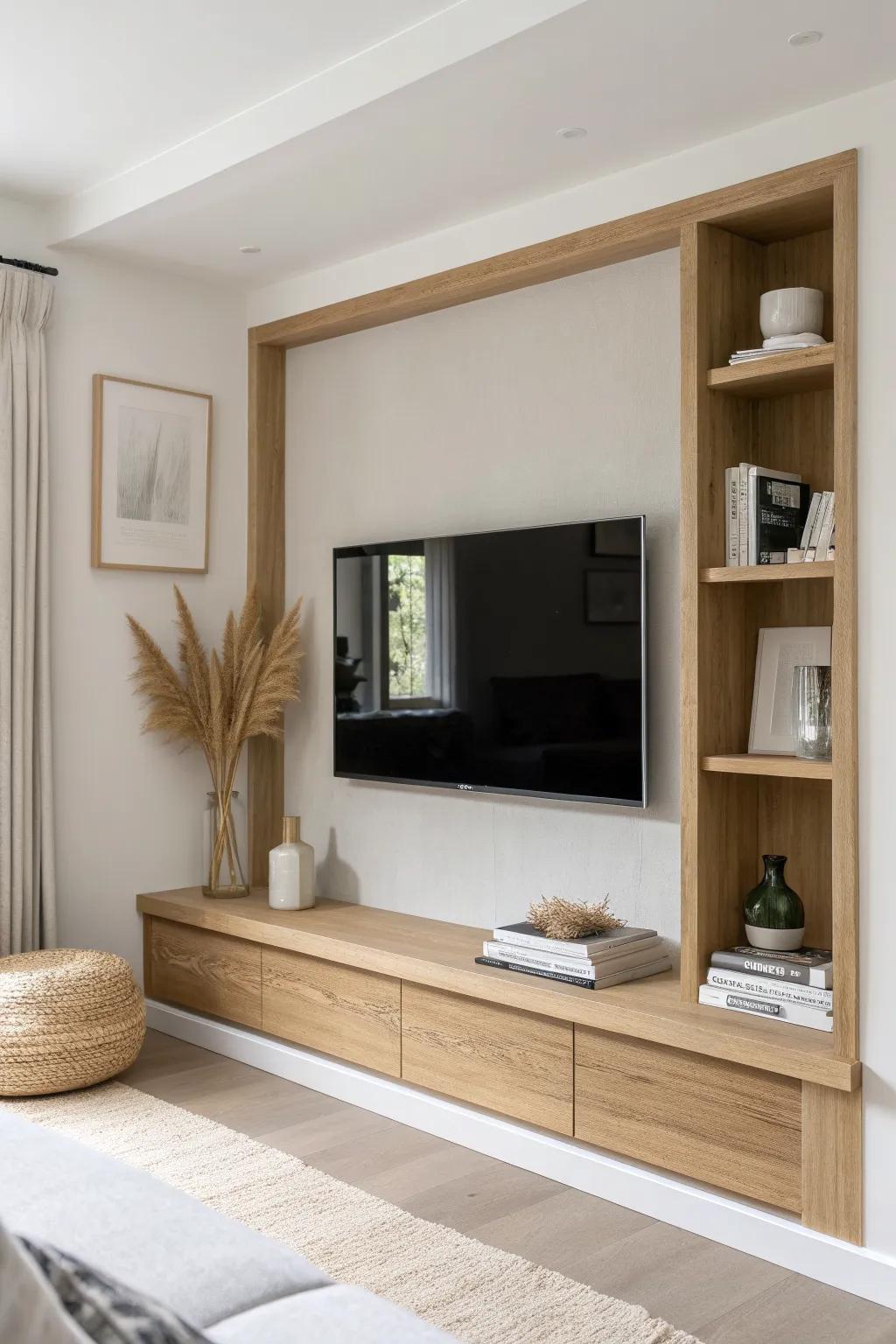Flush wall-mounted TV in a recessed oak-trim niche—sleek, built-in style with slim shelves.