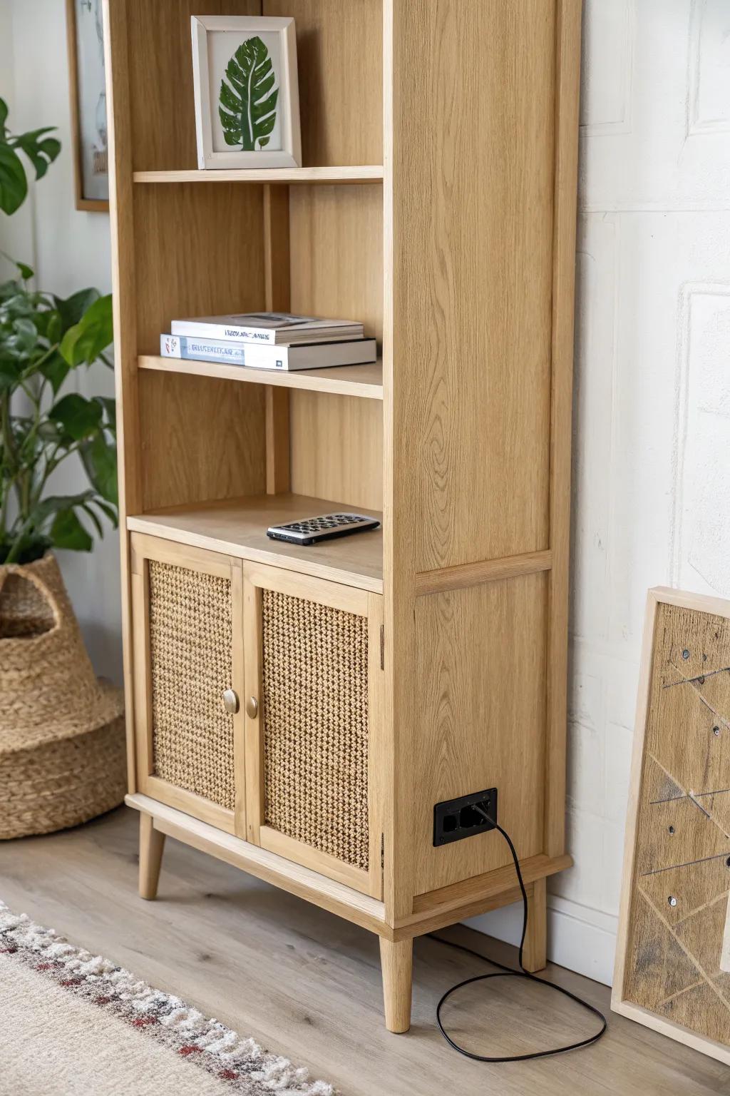 A calm entryway bookcase with a hidden charging ledge—no cord clutter, just clean oak.