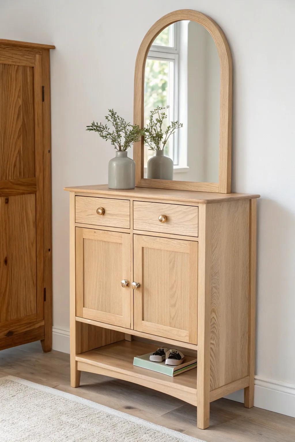 A mirror-and-shelf entryway cabinet for a bright last-look moment and clutter-free calm.