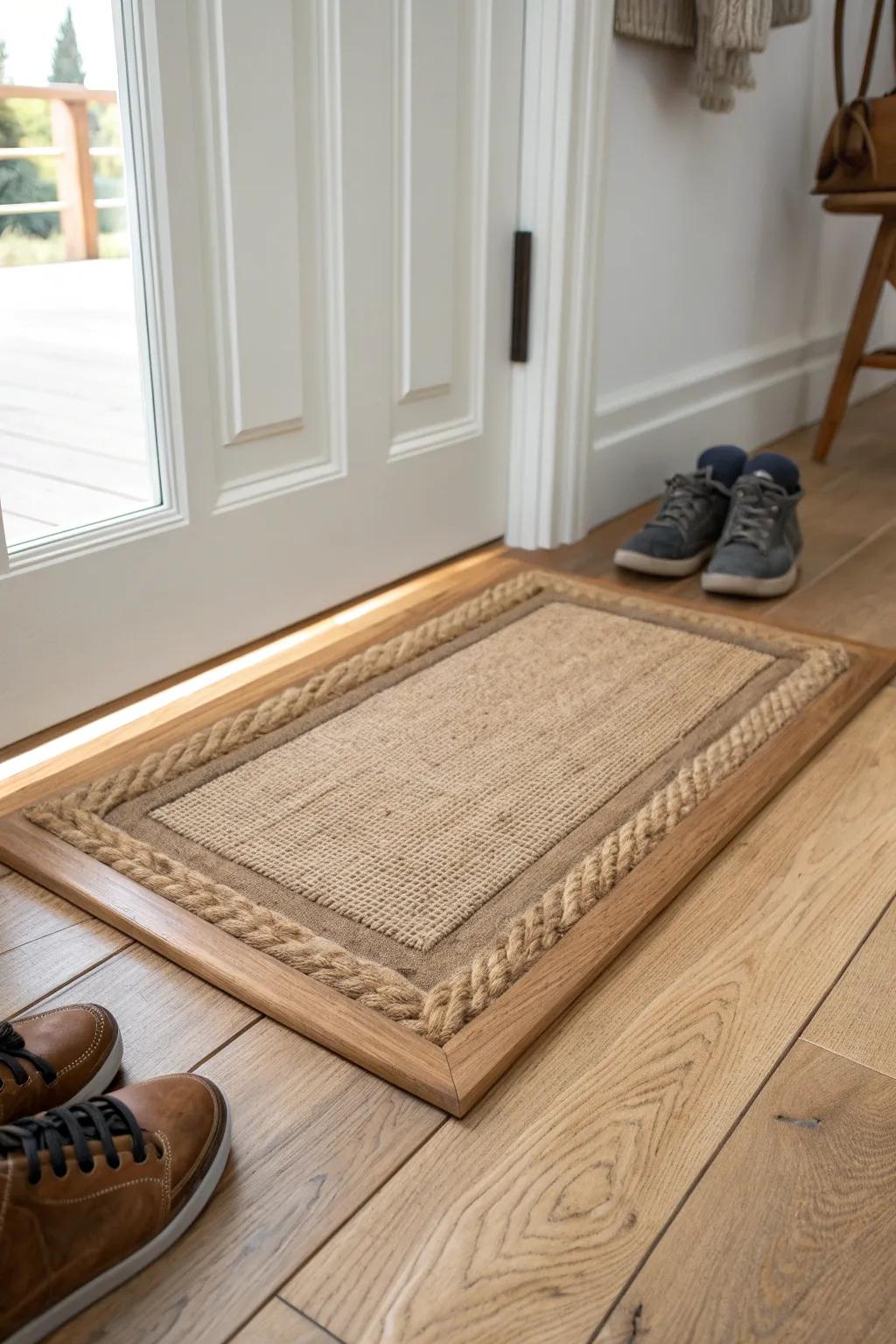 A sleek flush inset doormat recess—clean, built-in, and perfect for catching grit at the door.