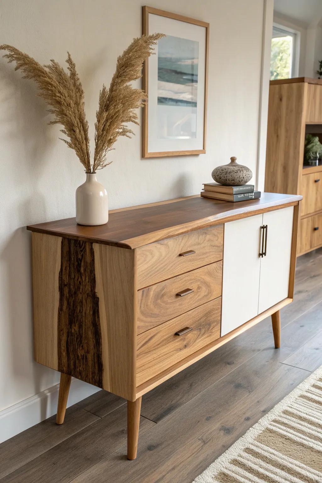 A live-edge top turns an entryway sideboard into a quiet statement piece with real character.