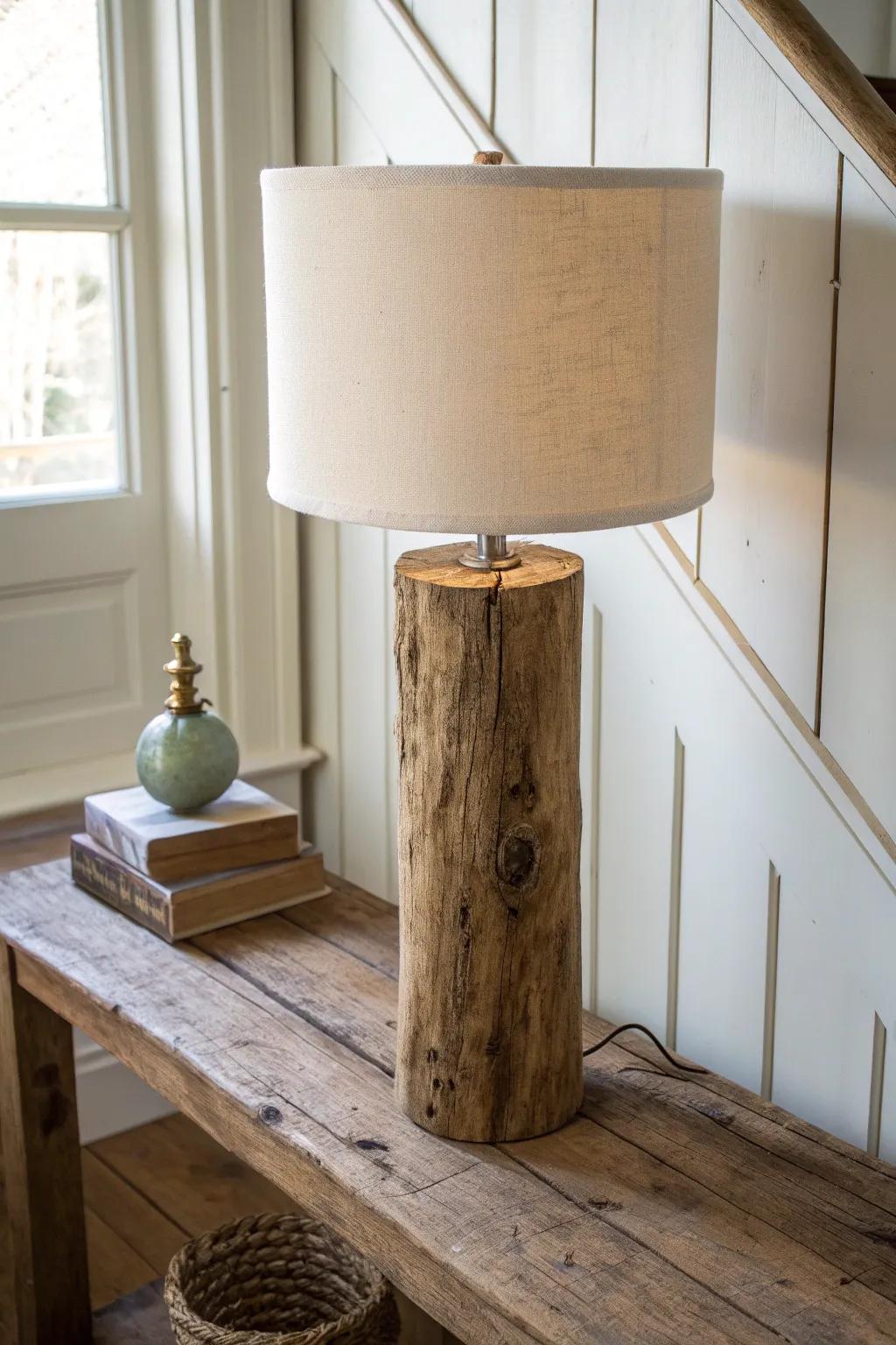Reclaimed wood lamp base with a linen shade—rustic character in a clean, airy entryway.