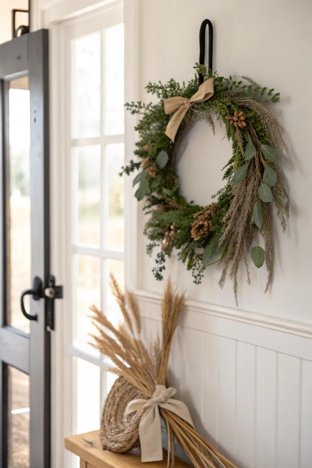 A simple seasonal wreath on a wall hook refreshes the entryway—minimal effort, big warmth.