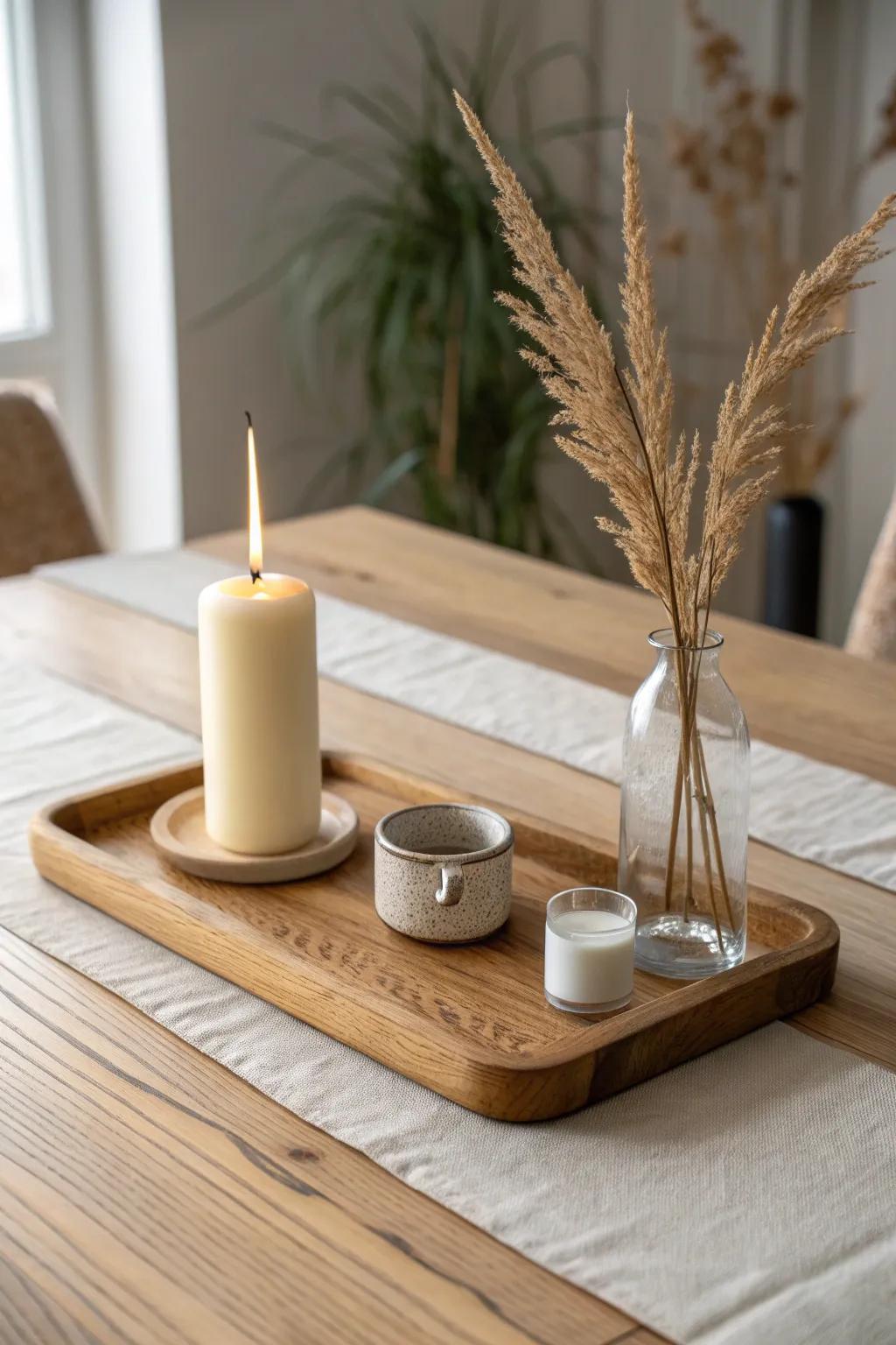 A small wooden cutting board becomes a mini tray—just add a candle and tiny vase.