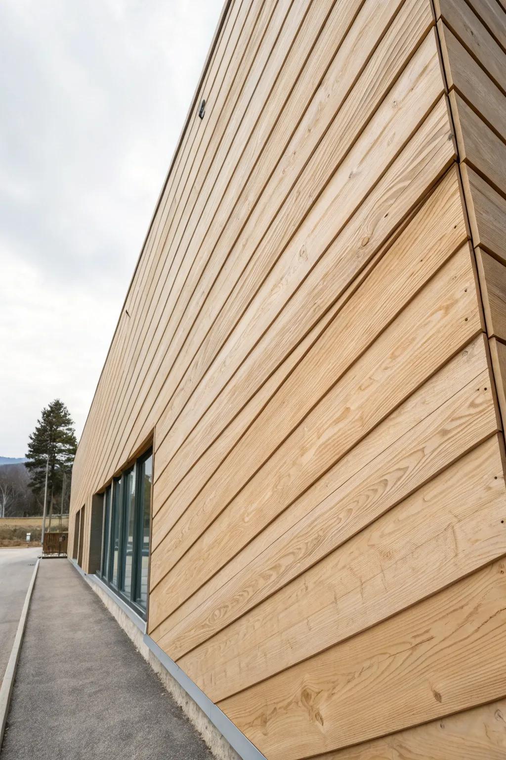 Diagonal wood cladding adds a bold graphic edge—clean lines, warm grain, modern impact.
