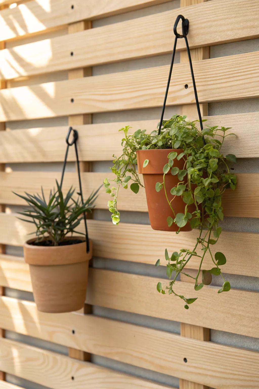 Planter hooks on horizontal slats—simple, stylish greenery that softens crisp wood lines.
