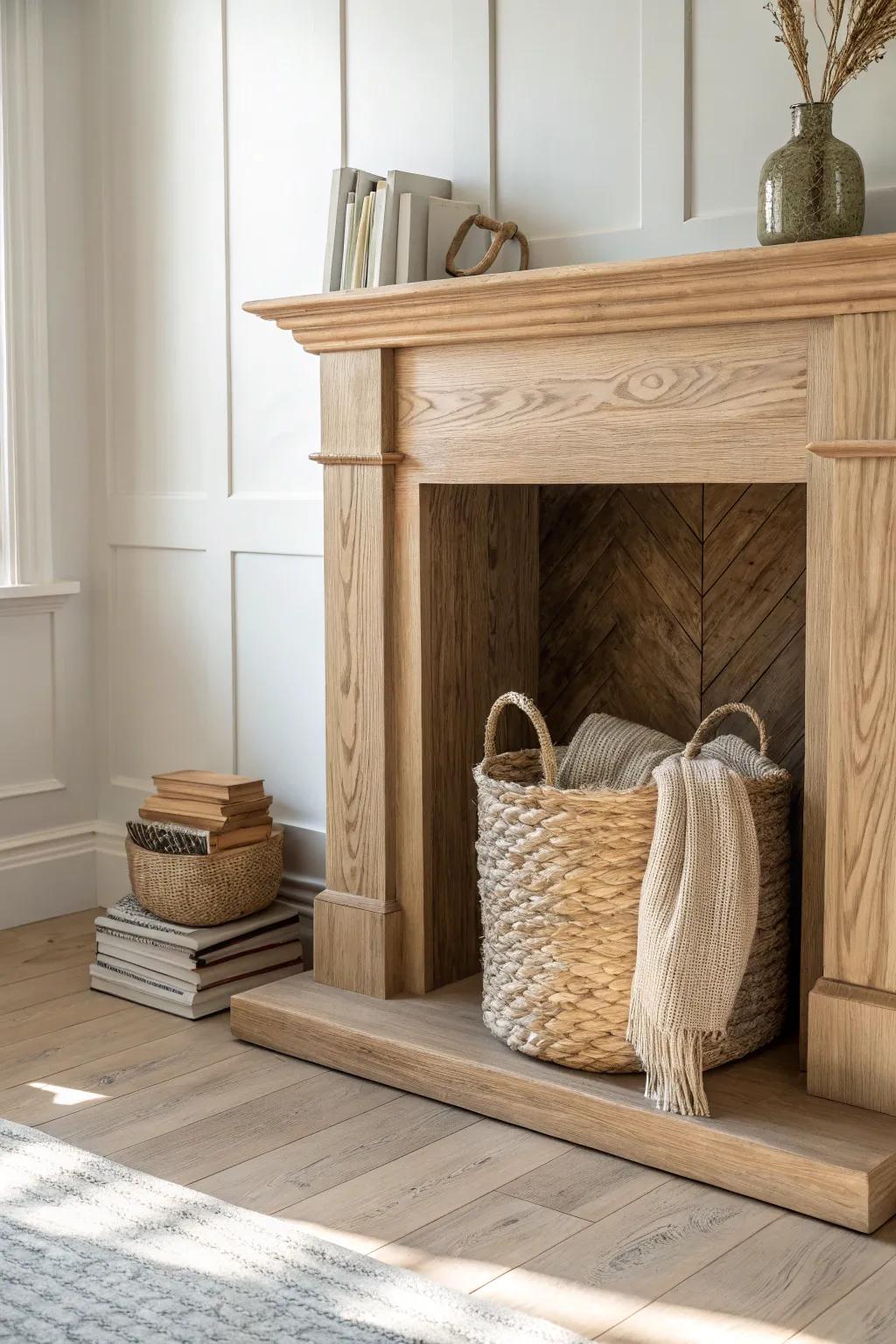 Cozy fake fireplace hearth: woven basket, layered blankets, and books for year-round warmth.