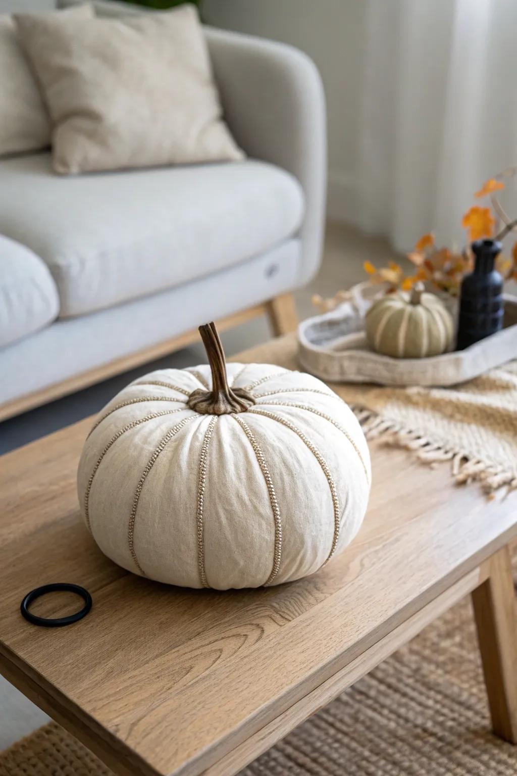 Soft linen pumpkin with a wooden stem—cozy fall texture that keeps your table light and airy.