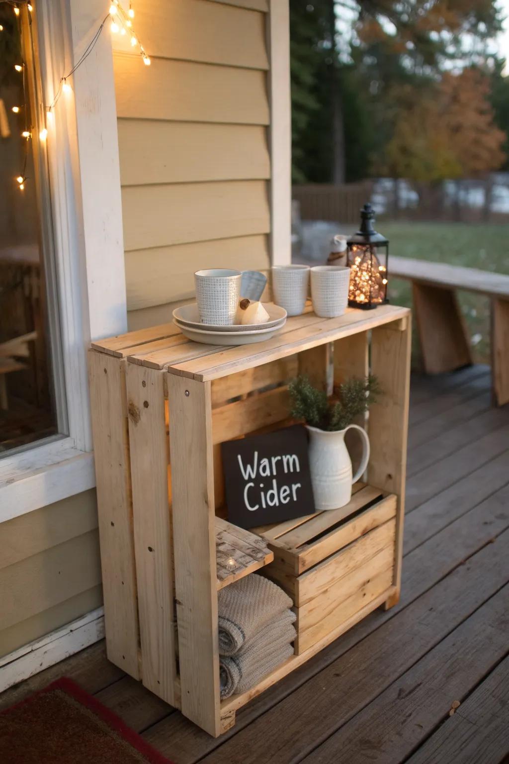 Stacked porch crate cider bar—mugs, linens, and a “Warm Cider” sign for cozy fall nights.