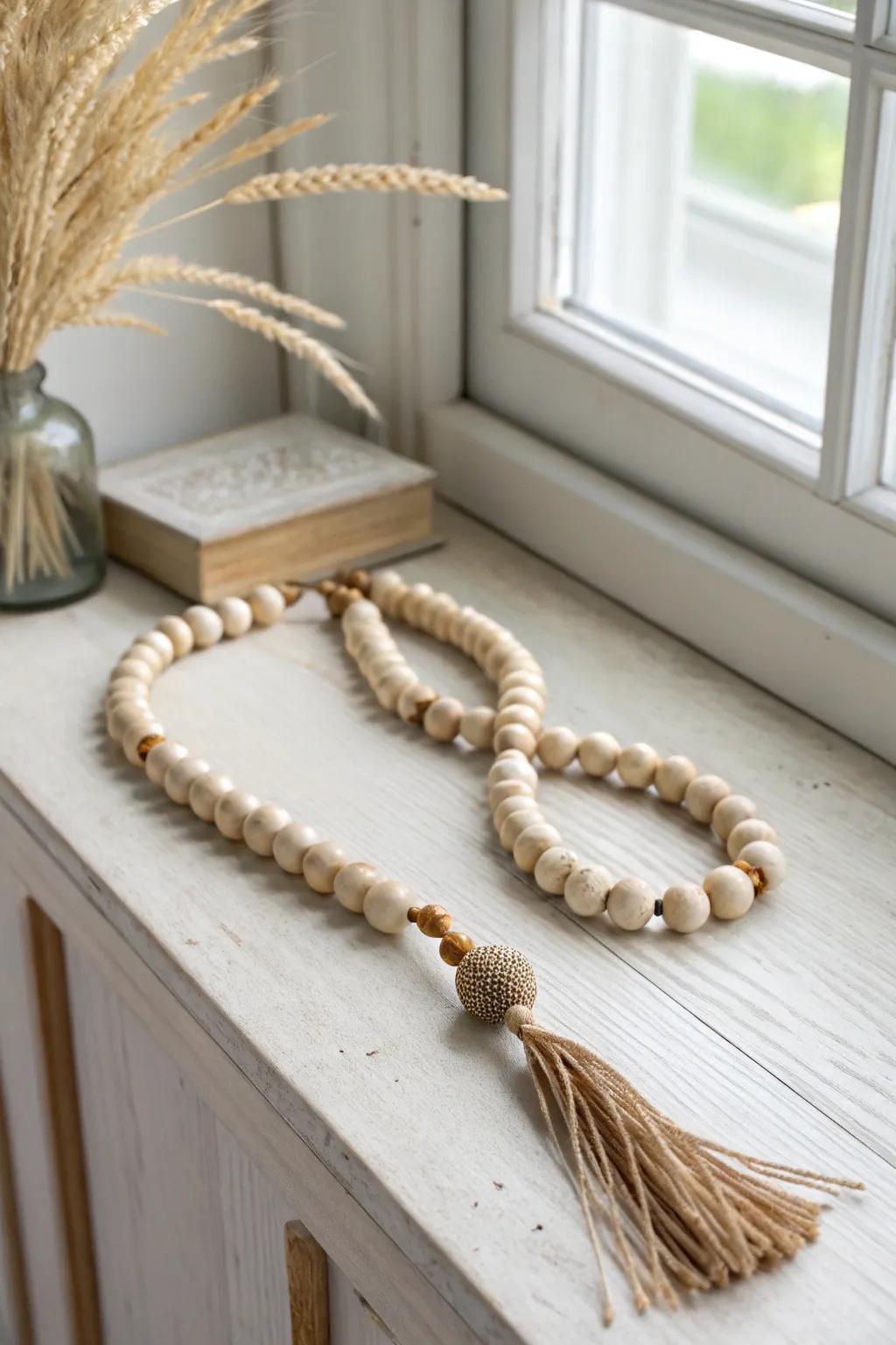 Handmade wood bead garland with acorn tassels—minimal fall warmth for your entryway.