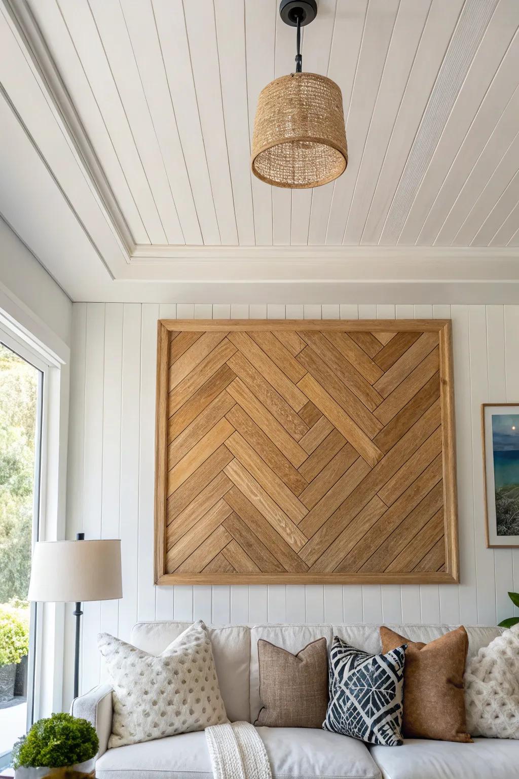 Centered herringbone wood ceiling inset—sleek Scandinavian contrast with a warm handcrafted glow.