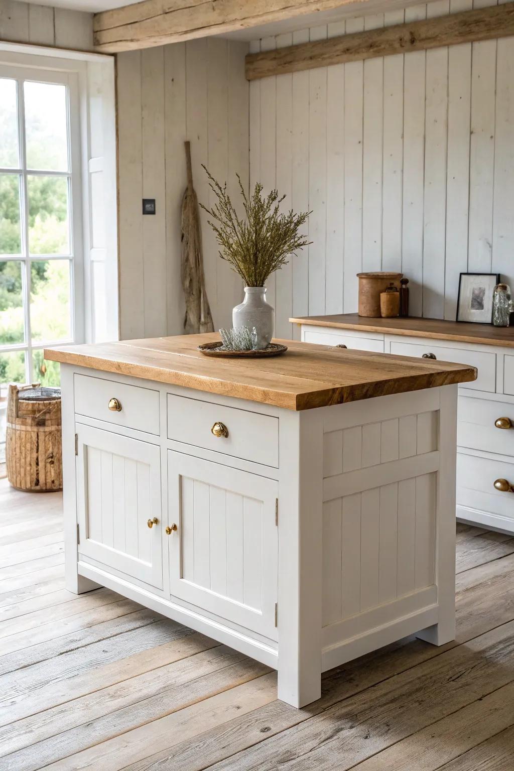 Warm butcher-block counter adds a sturdy, working-store feel to a bright farm shop interior.