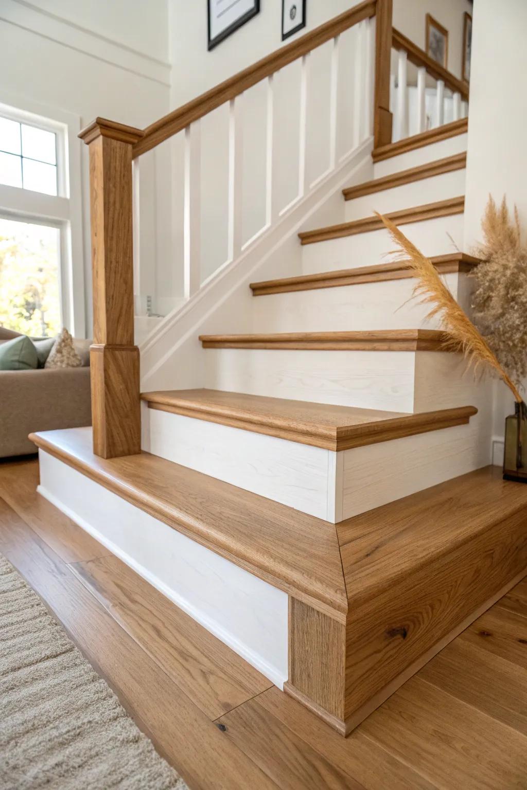 Match stair skirt board and baseboard trim for a seamless farmhouse line up the stairs.