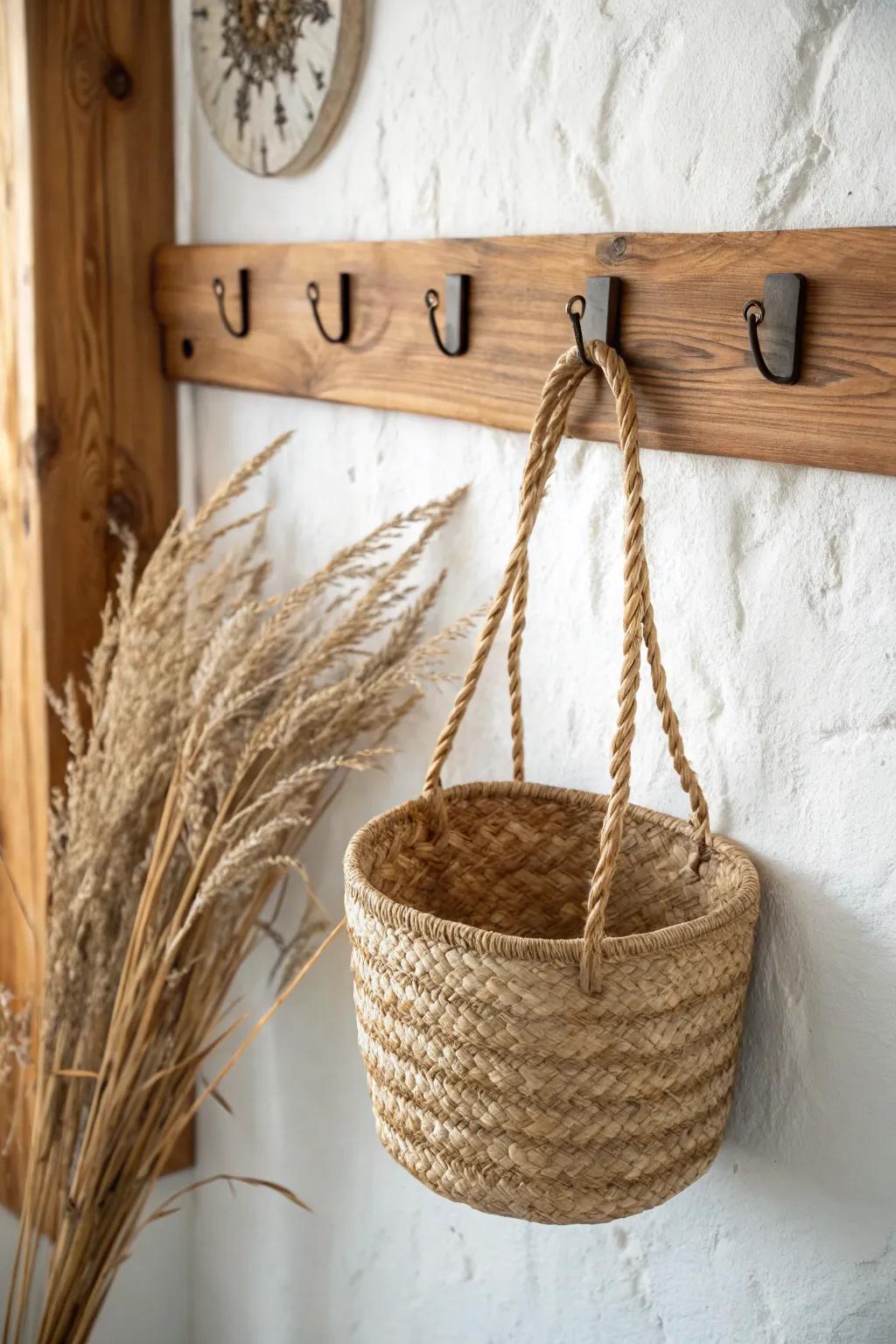 A single woven basket on a reclaimed wood peg rail—simple, functional farmhouse charm.