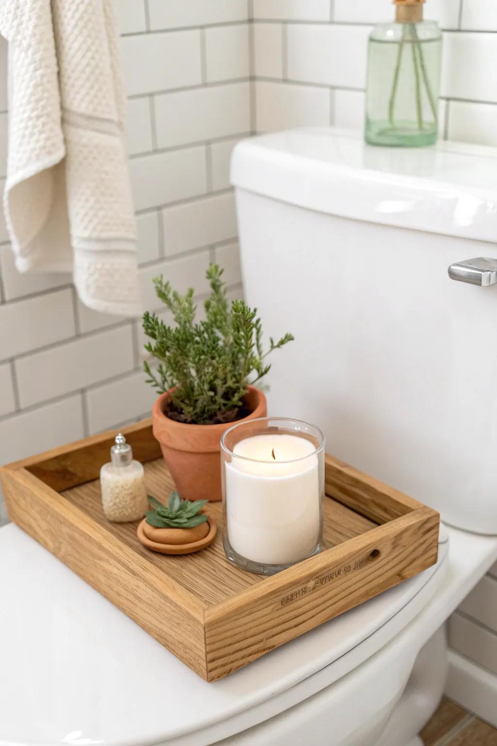 Budget farmhouse upgrade: a slim DIY wood toilet tank tray for a plant and candle.