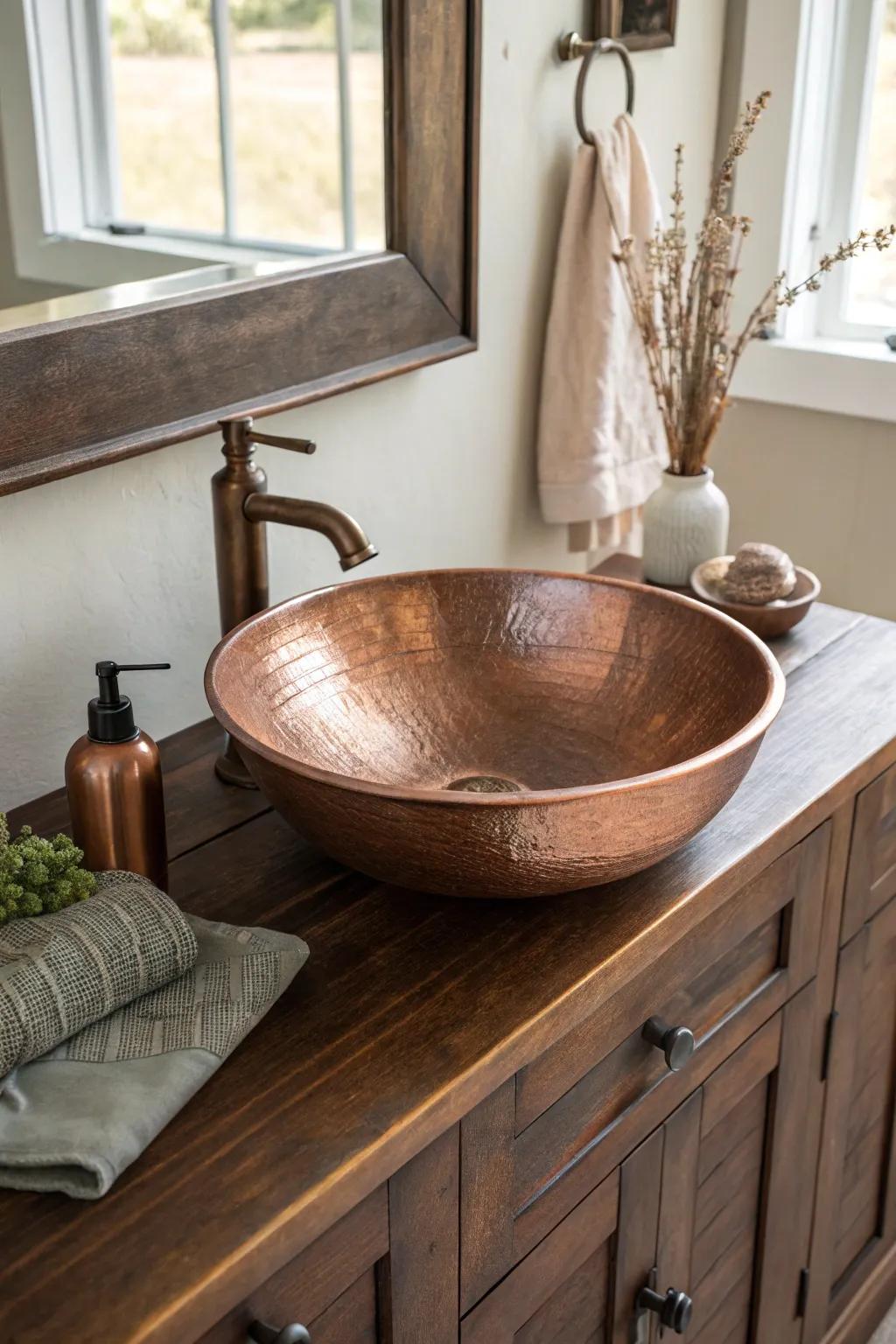 Warm copper-tone sink atop dark-stained wood for a cozy, rich farmhouse bathroom mood.