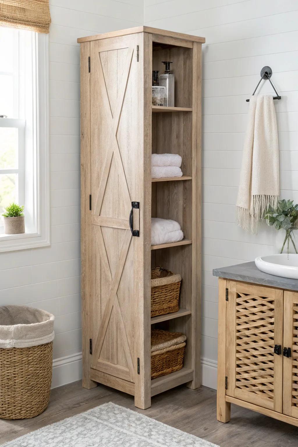 Slim barn-style linen cabinet tower—vertical storage that keeps your farmhouse bathroom airy.