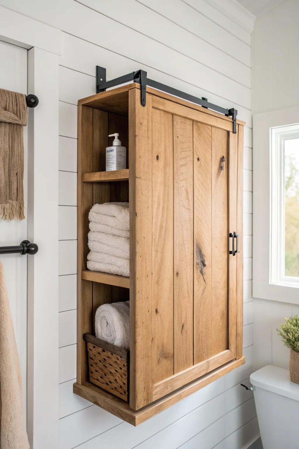 Mini sliding barn door wall cabinet—farmhouse charm that hides bathroom clutter beautifully.
