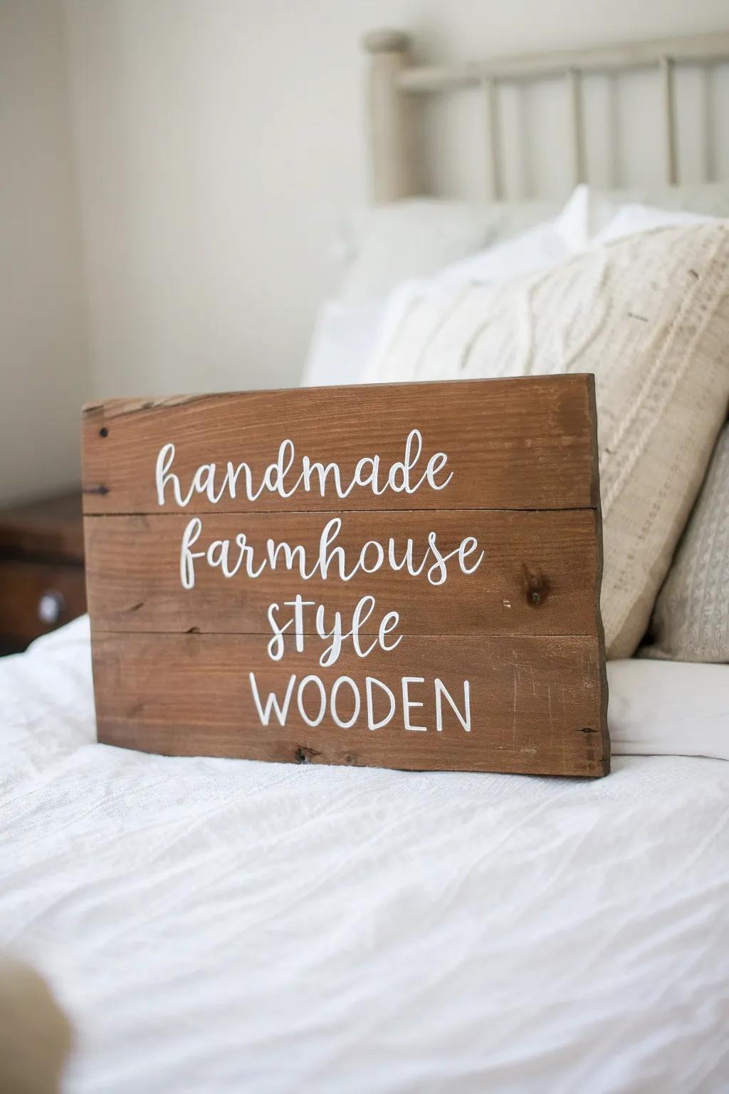Budget farmhouse charm: a reclaimed plank wood sign with handwritten paint above the bed.