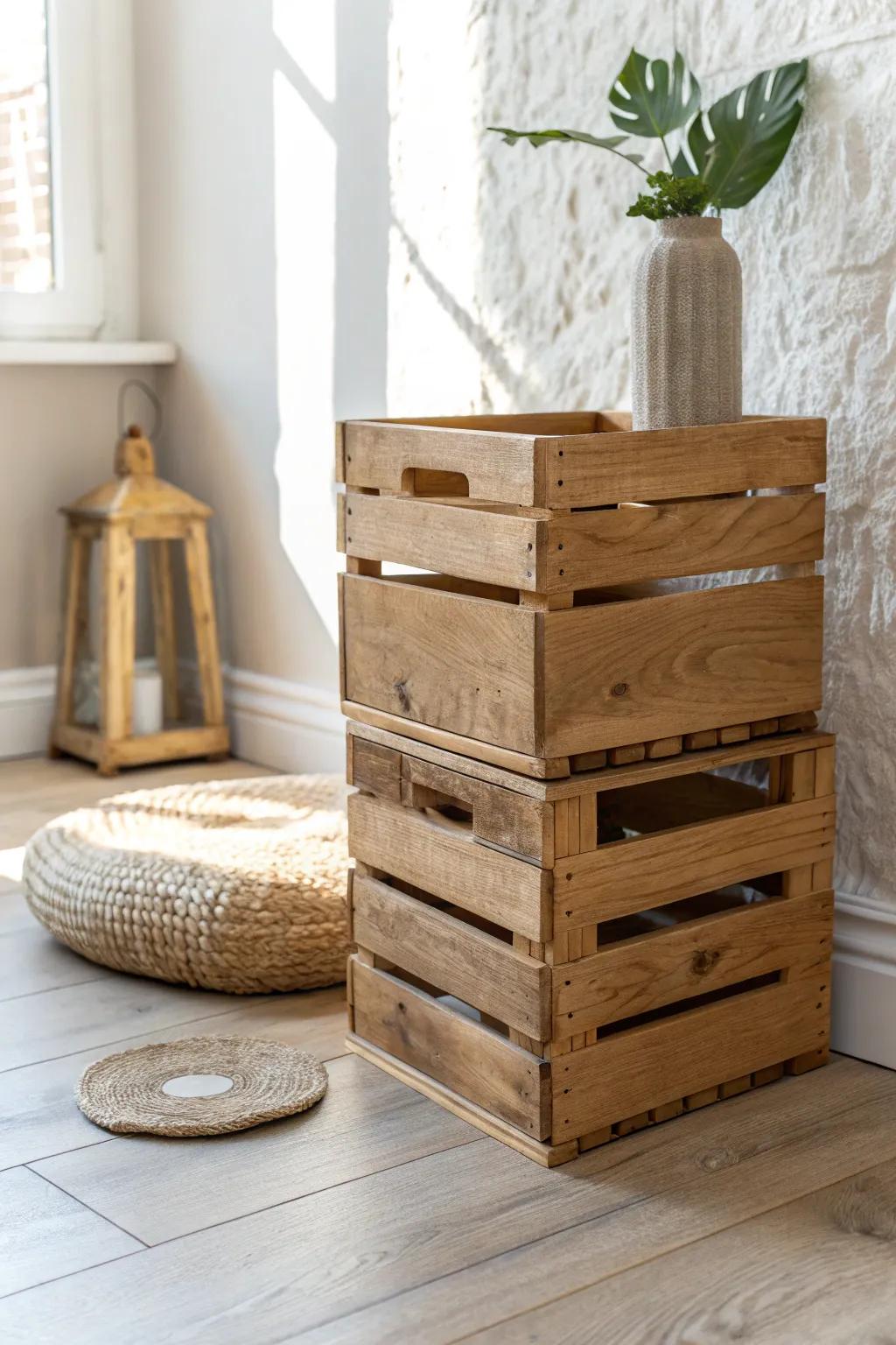 DIY crate side table: sand, stain, stack—budget farmhouse storage with clean Scandinavian charm.