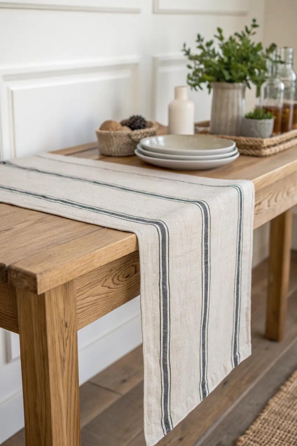 A grain-sack linen runner softens the wood top and creates a calm base for layered entry decor.