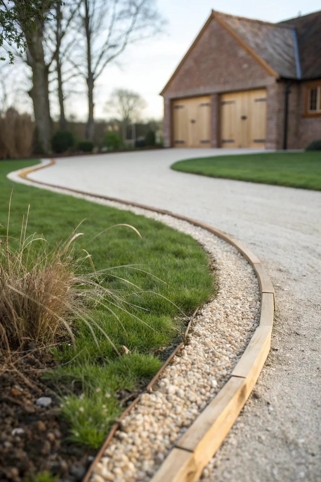 Curved gravel drive with crisp timber edging—simple farmhouse polish, carriage-house charm.
