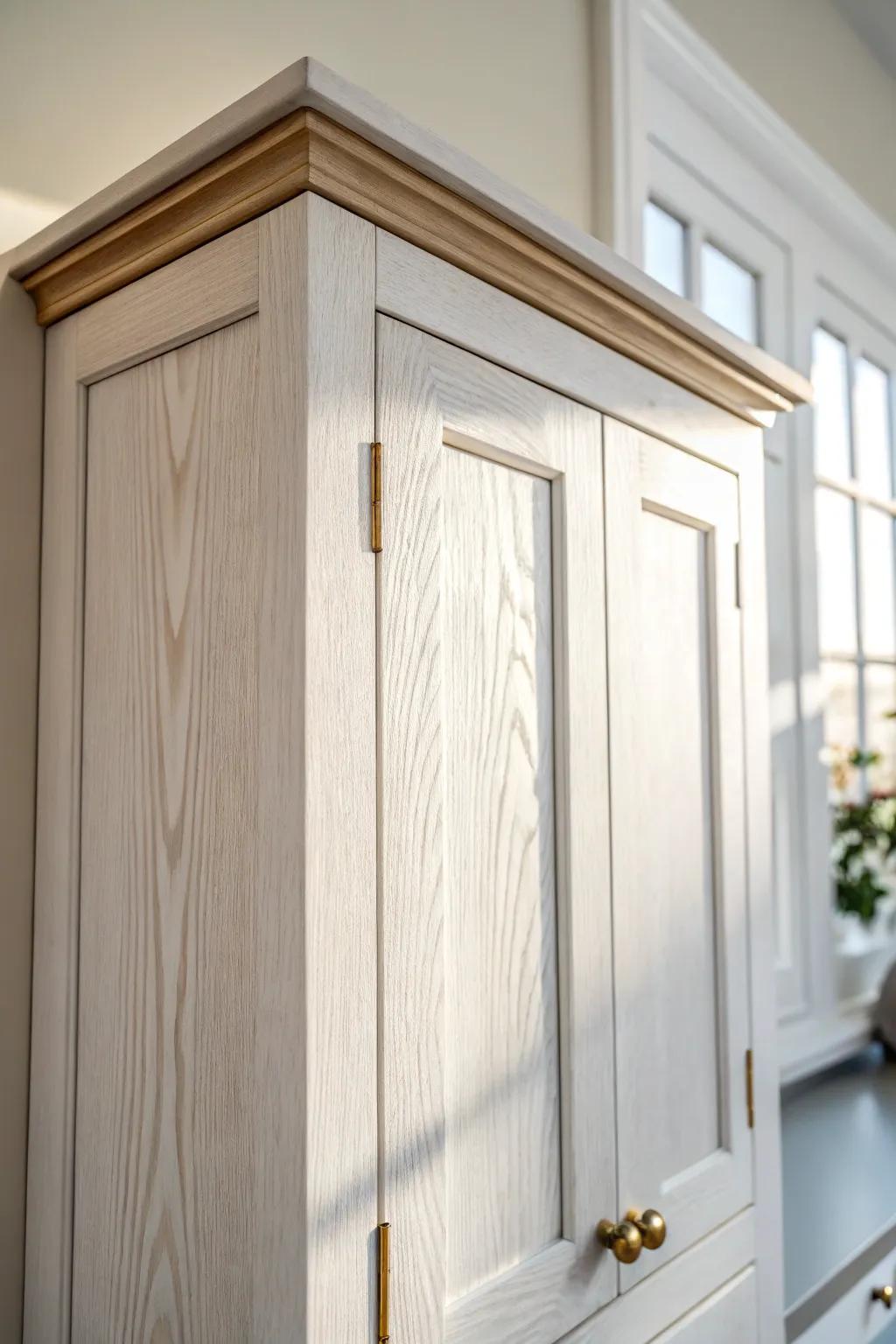 Crown + light-rail molding turns simple cabinets into a seamless built-in farmhouse look.