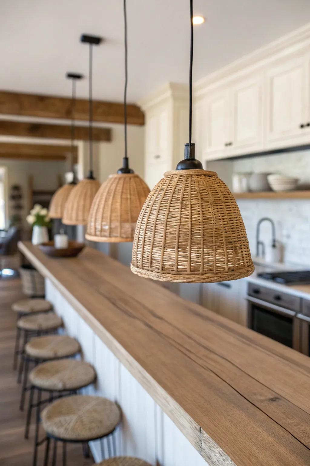 Stagger pendant heights over a long island for a custom, layered farmhouse glow at dusk.
