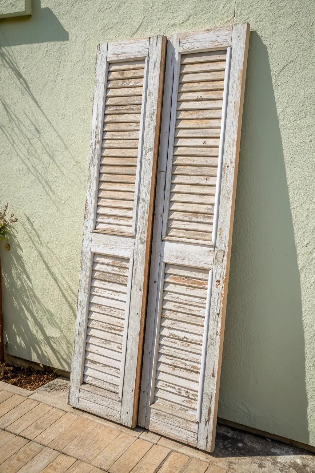 Distressed wood shutters with dry‑brushed paint bring farmhouse charm and soft Scandinavian calm.