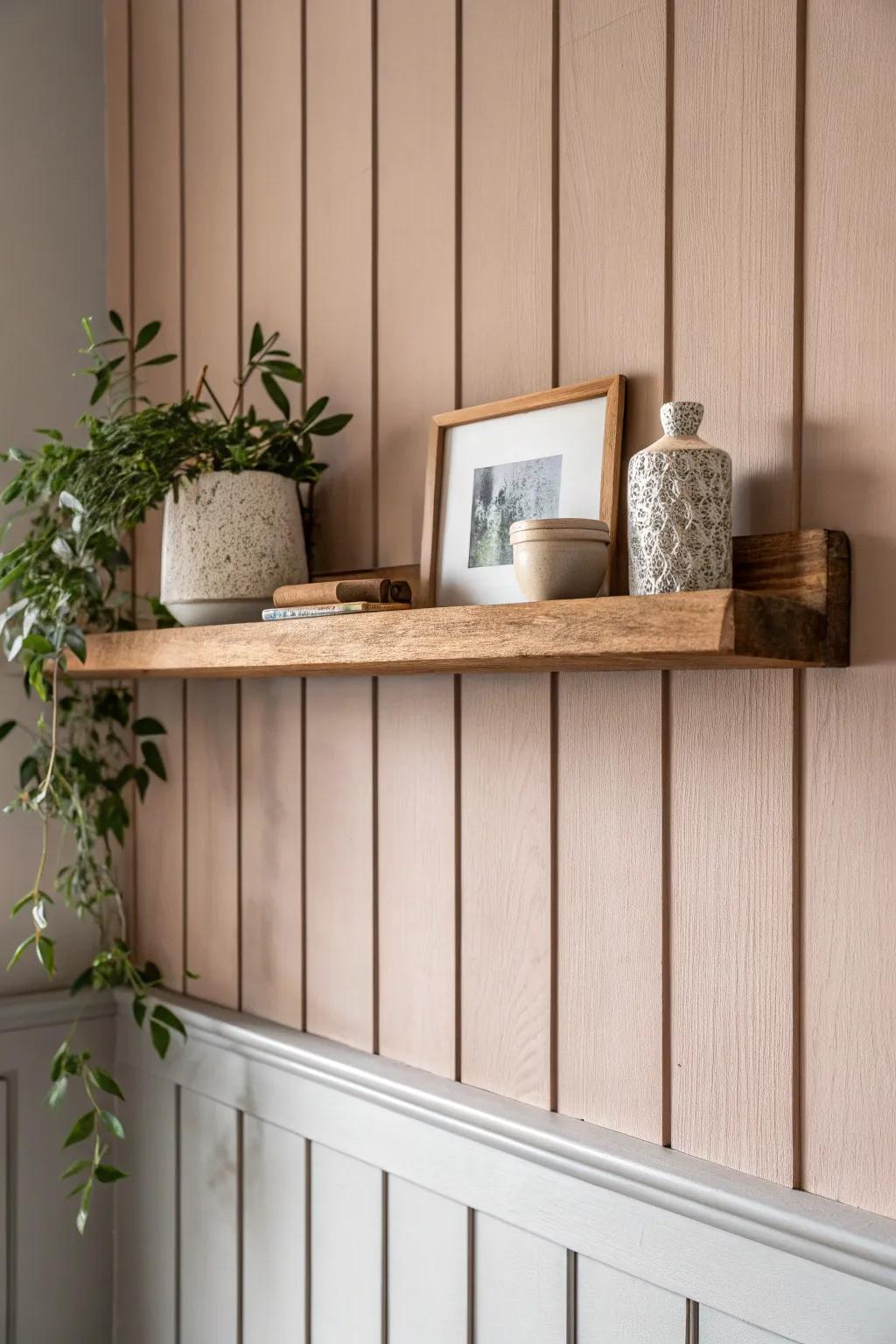 Cocoa clay blush + a warm oak shelf: a cozy farmhouse powder room surprise that feels quietly special.